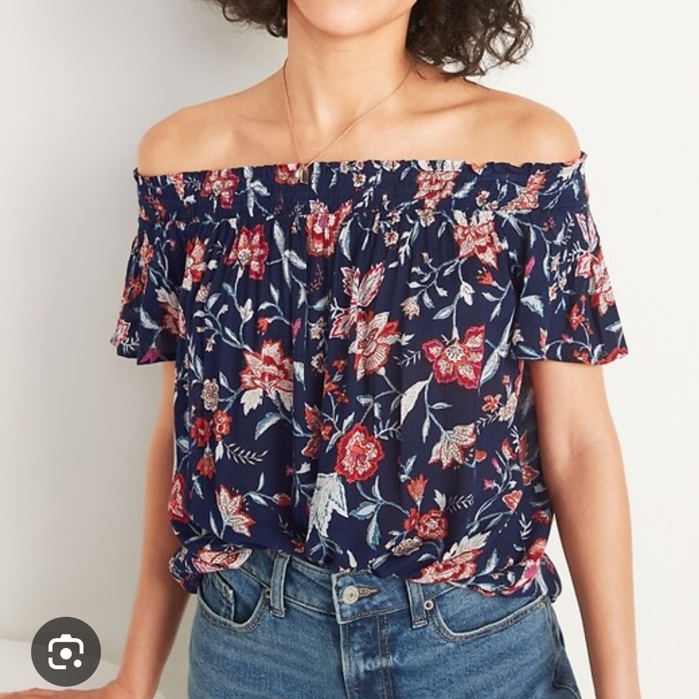Old Navy Navy and Red Floral Off-Shoulder Blouse